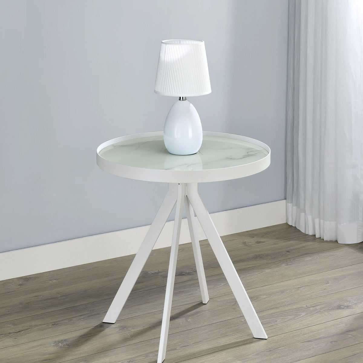 Briggs Round Marble Printed Glass Top End Side Table White