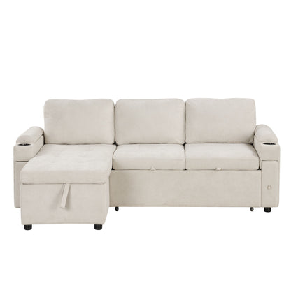 Beige L-shaped convertible sofa with storage ottoman and padded armrests