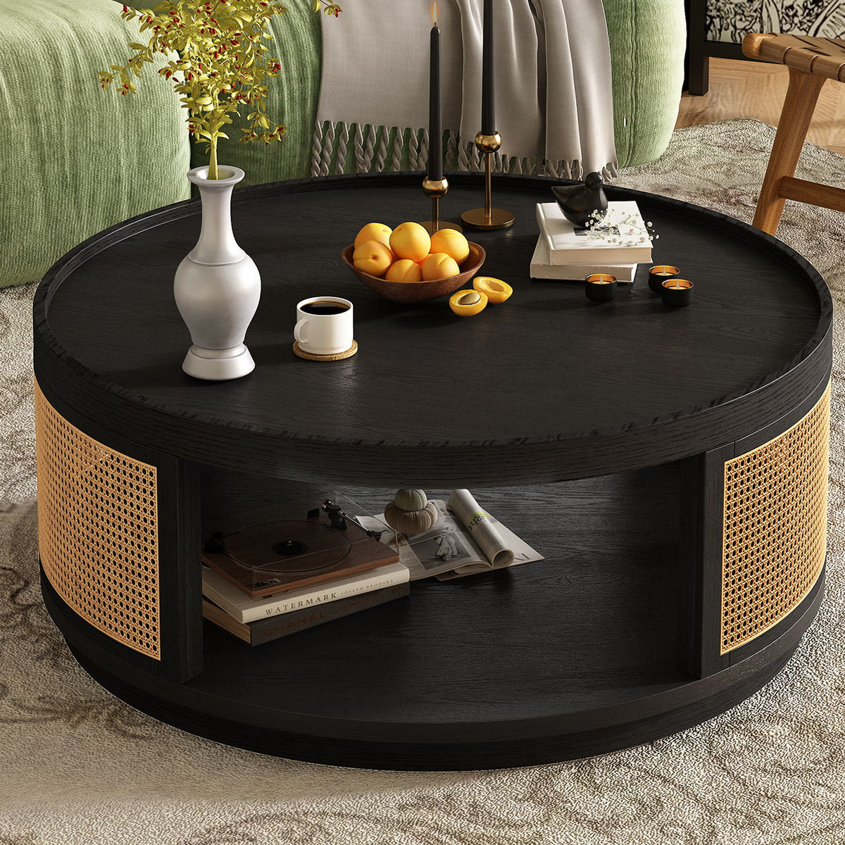 Round Cane Coffee Table With Rattan Side