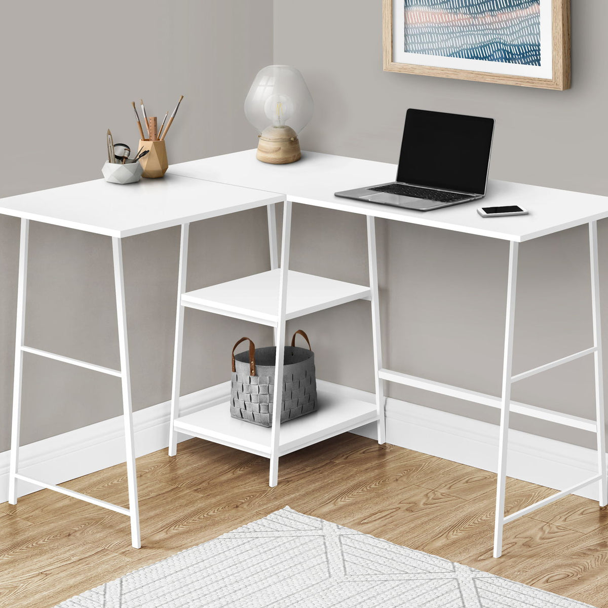 Computer Desk, Home Office, Corner, Storage Shelves, L Shape, Work, Laptop, Contemporary, Modern - White Base