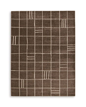 Dark brown rug featuring abstract grid lines and beige stripe accents