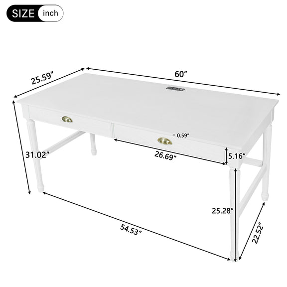 White writing desk with two drawers and flat tabletop, tapered legs for home office