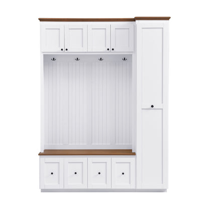 White entryway hall tree cabinet with top storage doors, open bench area, lower shoe drawers