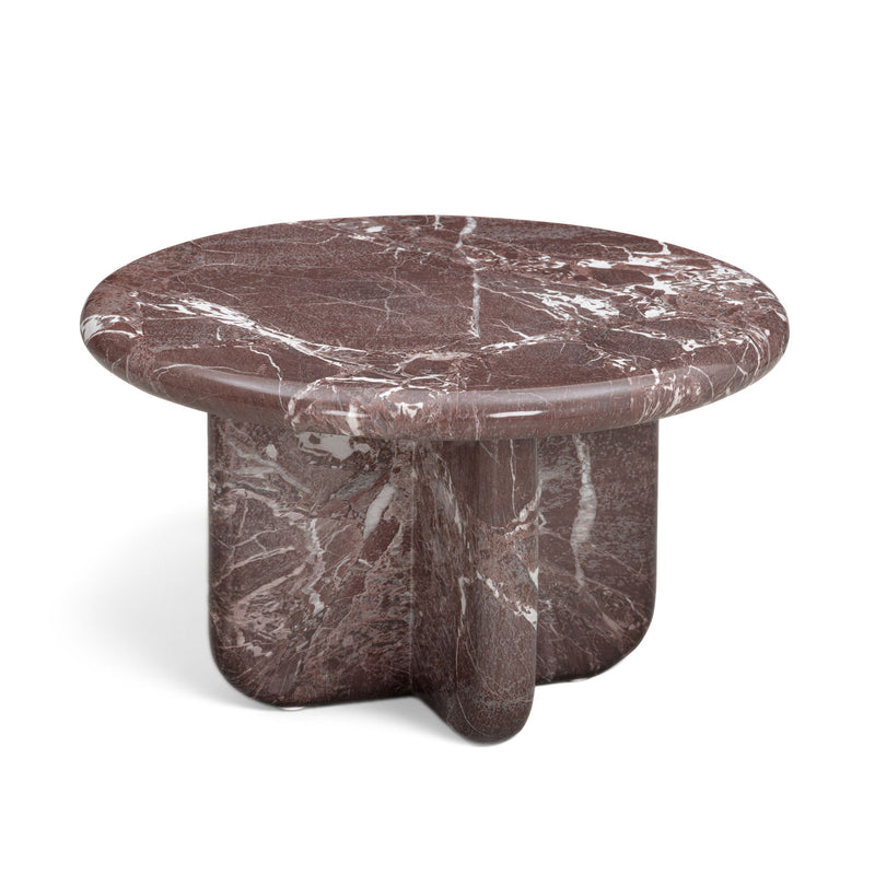 Dark red round marble-look coffee table with white veining and rounded pedestal base