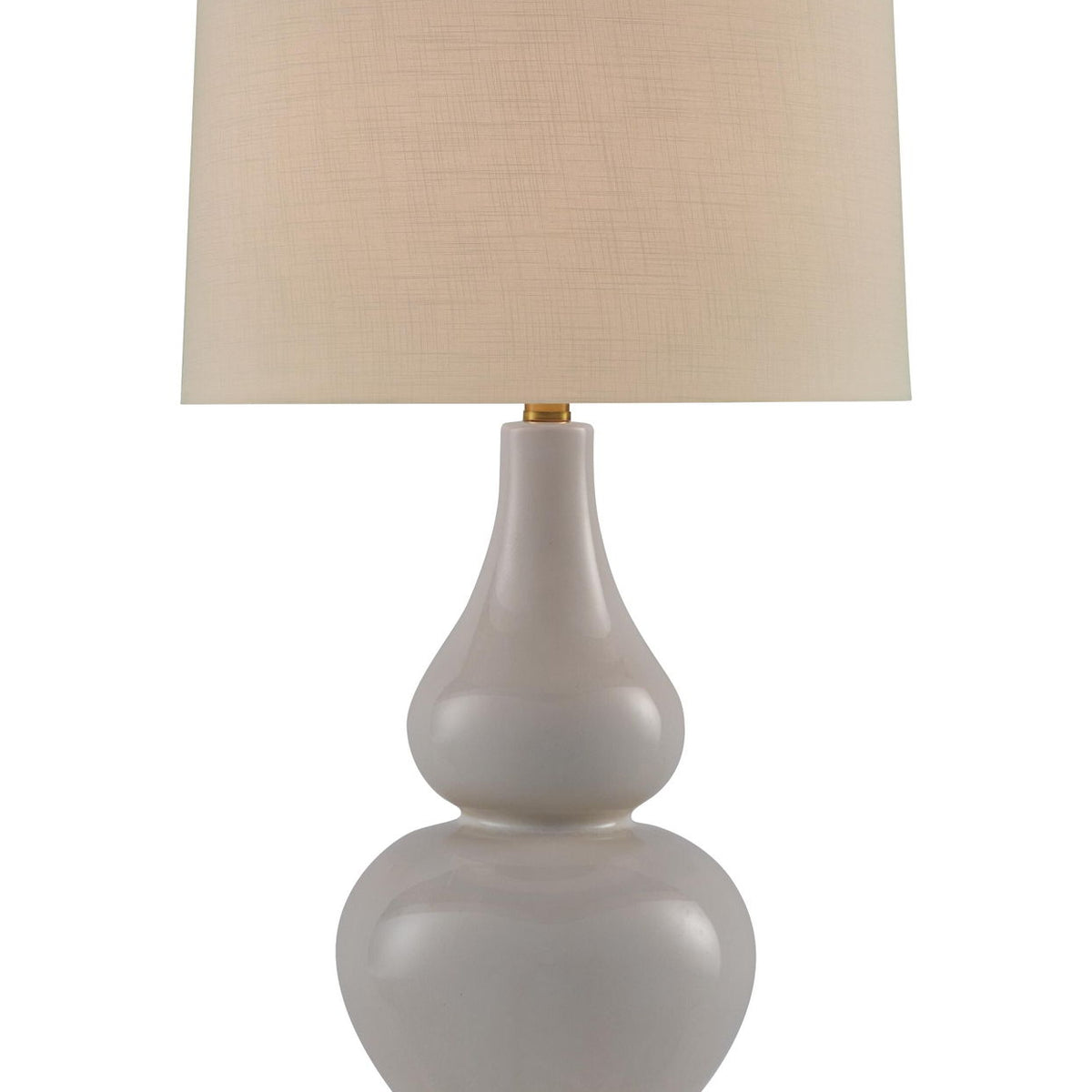 Ceramic table lamp with cream fabric shade, gray body, and gold base