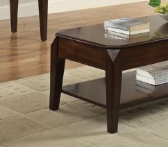 Side view of dark walnut lift-top coffee table with tapered legs and shelf