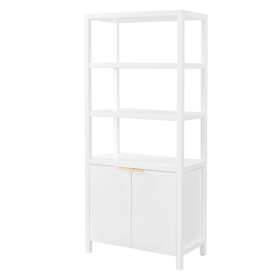 White storage bookcase cabinet with 2 open shelves and double doors at the bottom