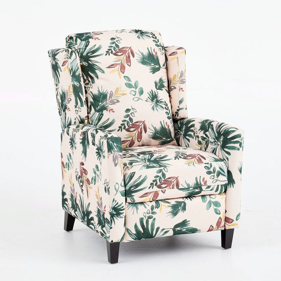 Green floral wingback recliner chair with padded arms and cushioned seat