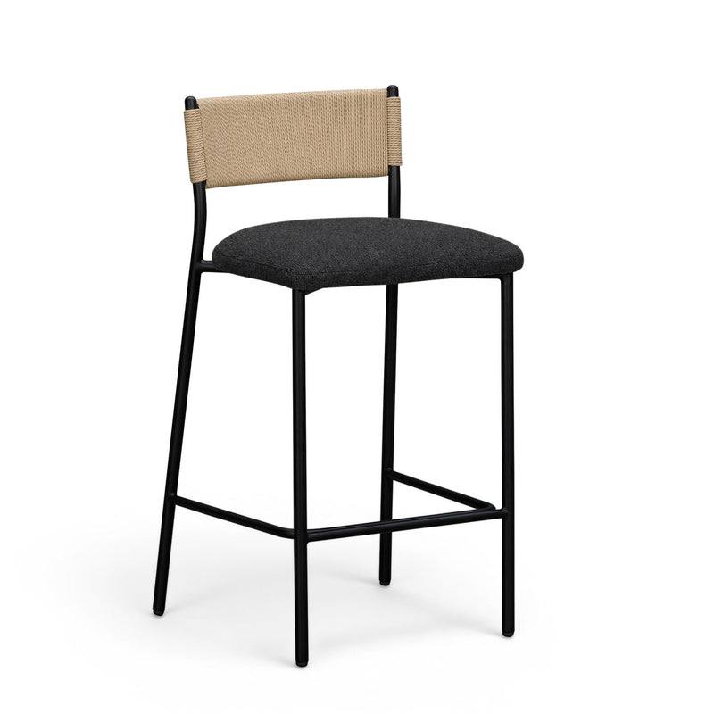 Boucle upholstered bar stool, dark gray seat, beige backrest, black legs and footrest