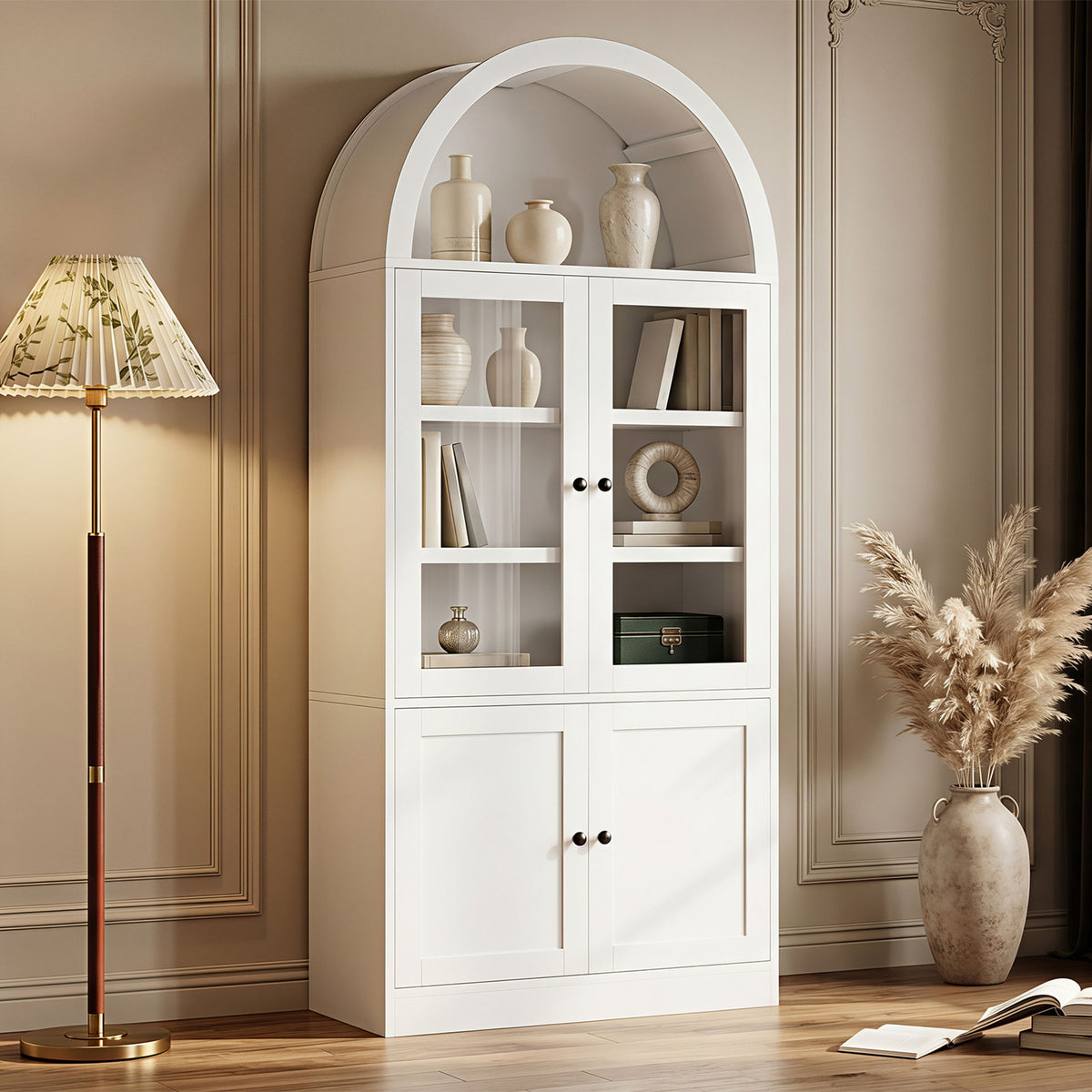 White tall arched-top storage cabinet with open arch display and lower cabinet doors