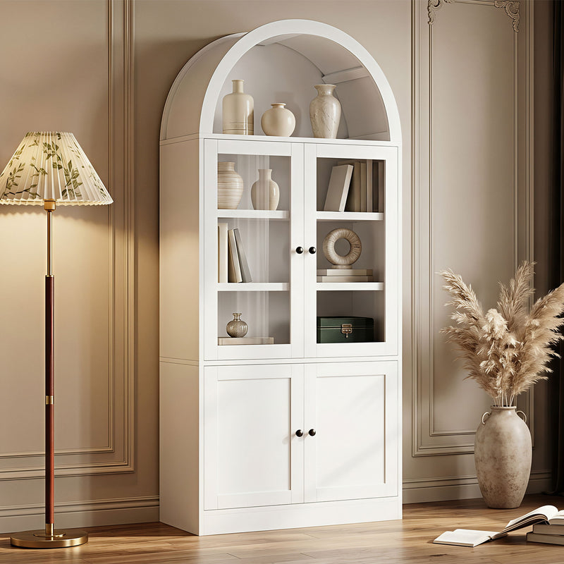 White tall arched-top storage cabinet with open arch display and lower cabinet doors