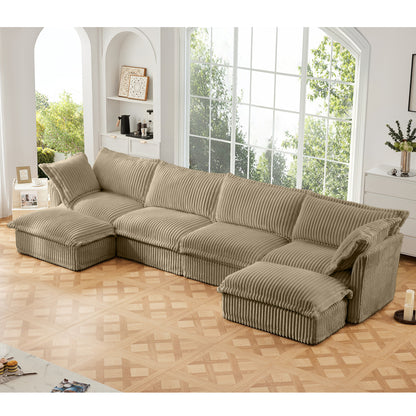 4-Seater Slipcovered U-Shaped Corduroy Sectional Sofa - Camel Corduroy