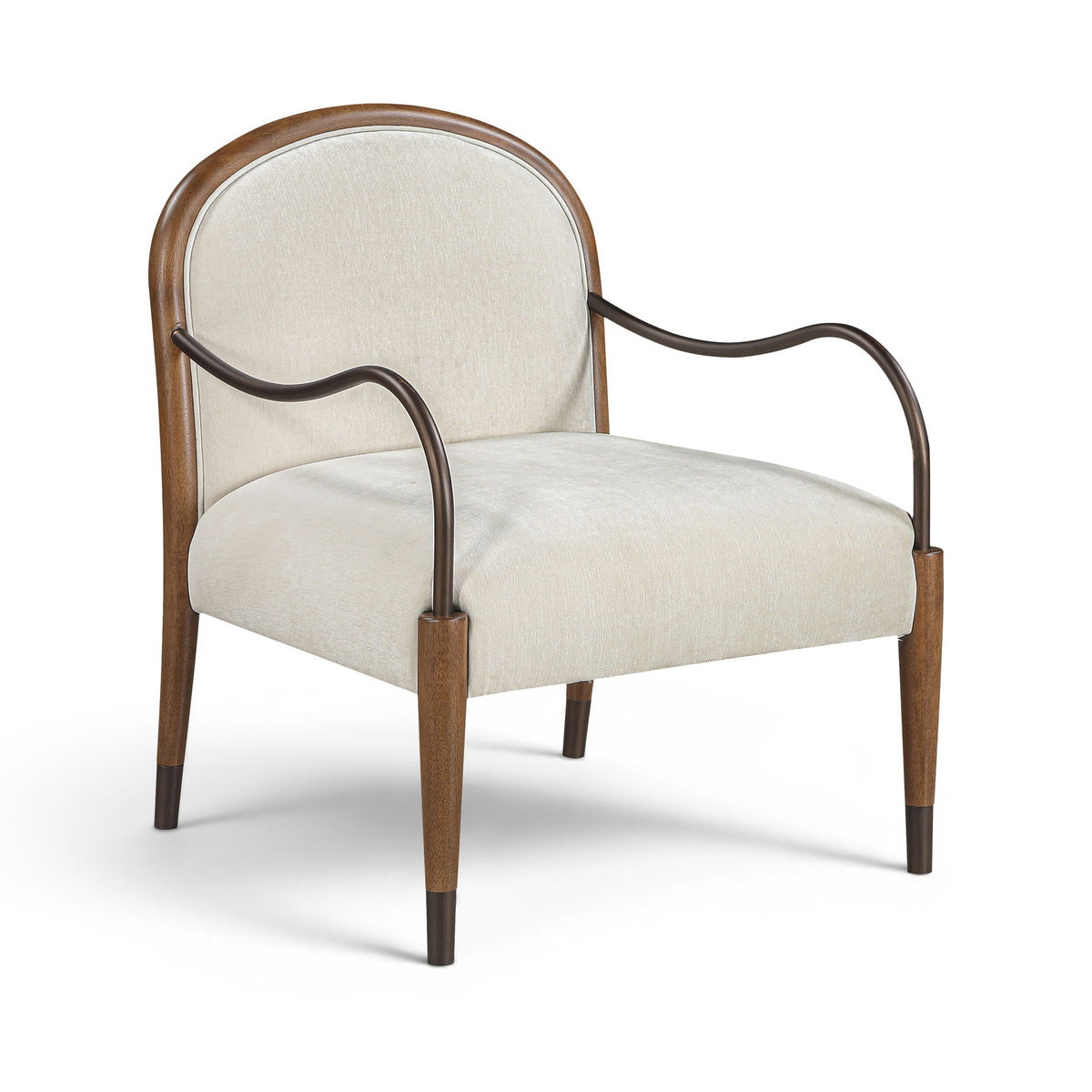 White fabric-upholstered accent chair with curved metal arms and wooden legs