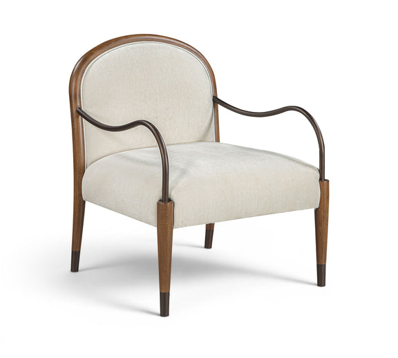 White fabric-upholstered accent chair with curved metal arms and wooden legs