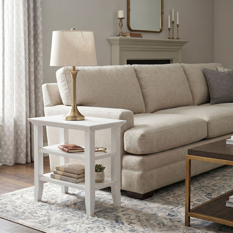 White narrow side table with two open shelves and square legs, rectangular tabletop