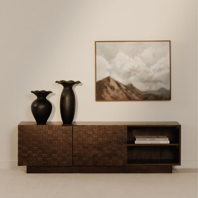 Brown media cabinet with woven front and right-side open cubby shelf for media
