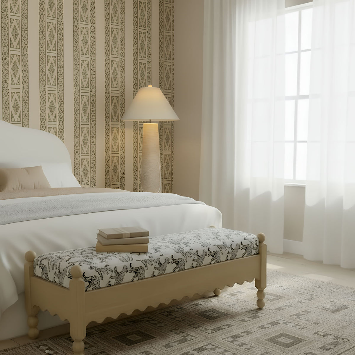 White leopard jacquard bench-style bed with wooden frame and scalloped front