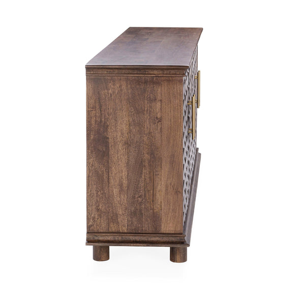 Wooden buffet side panel with dark circular handle inserts and tapered feet
