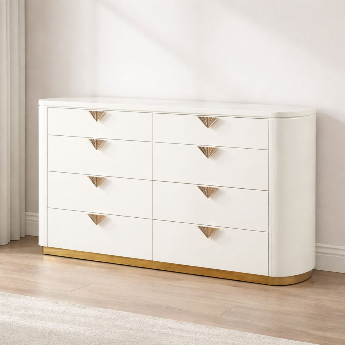 Beige 6-drawer dresser with gold-tone pulls and wood-toned bottom trim