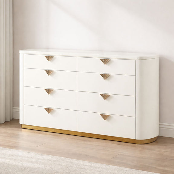 Beige 6-drawer dresser with gold-tone pulls and wood-toned bottom trim