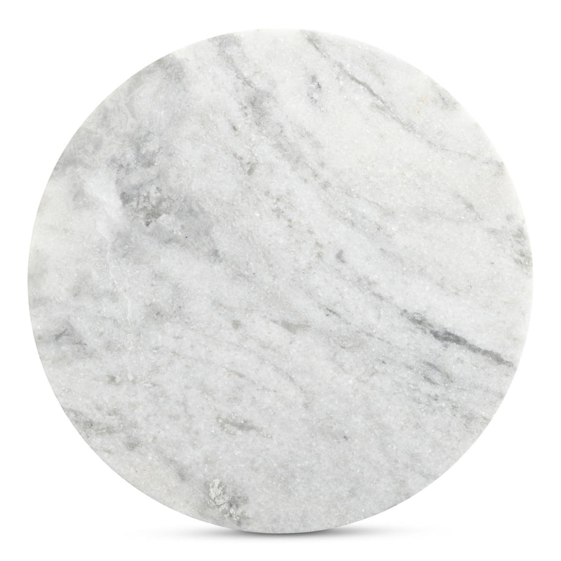 Round marble-look table top in light grey with subtle veining.