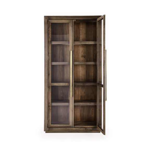 Tall brown cabinet with one door open, showing glass shelves and interior compartments