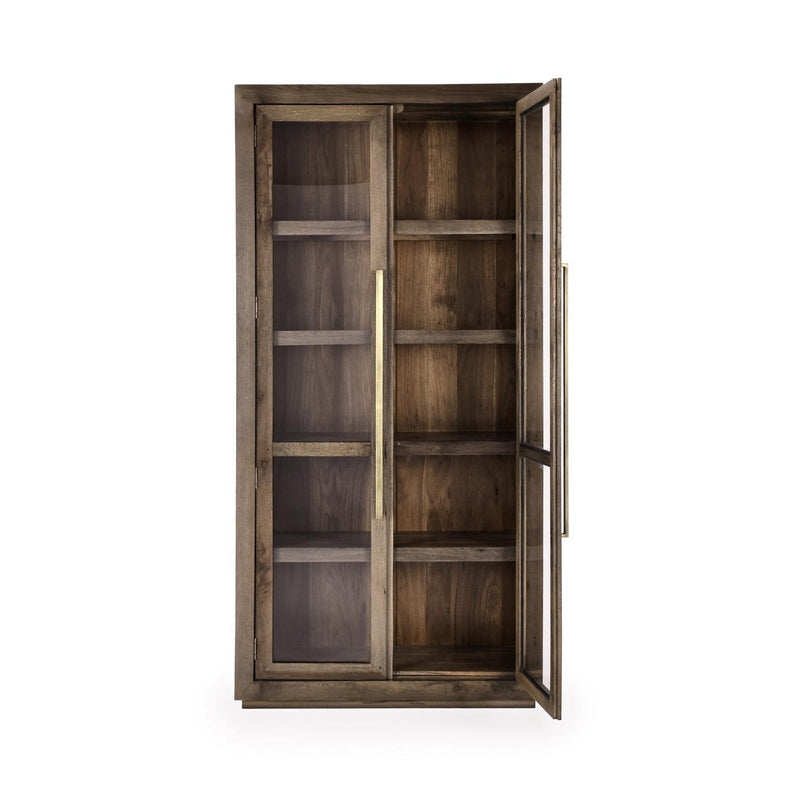 Tall brown cabinet with one door open, showing glass shelves and interior compartments