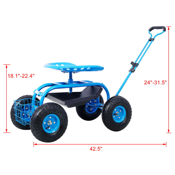 Garden scooter cart with light blue swivel seat, four wheels, and front tool tray