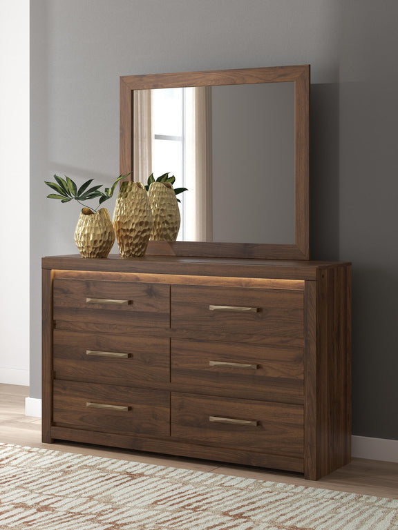 Light brown wood six-drawer dresser with rectangular mirror and bar drawer pulls