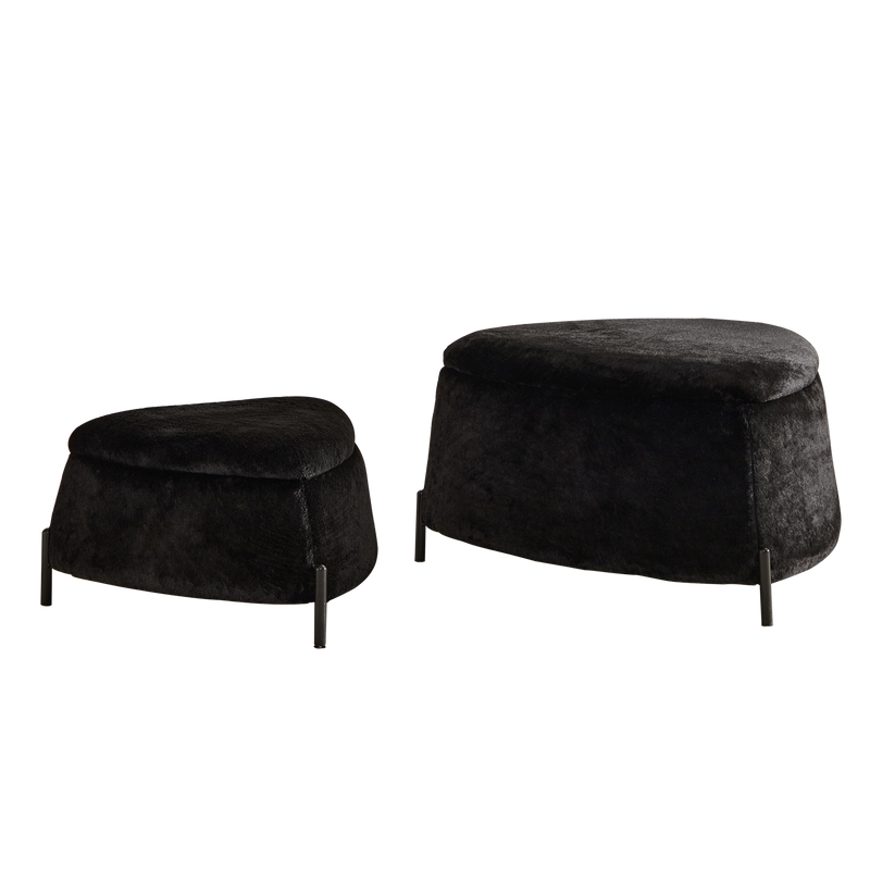 Upholstered 2-Piece Storage Ottoman Set with Metal Legs, Faux Fur, Black, 29.9' Wide