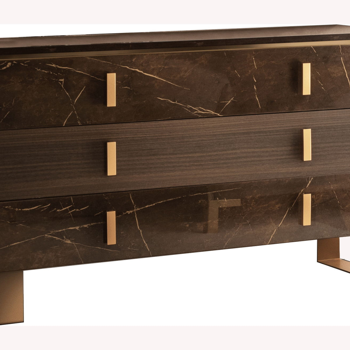 Dark brown dresser front with four drawers, brass bar pulls, and gold legs.