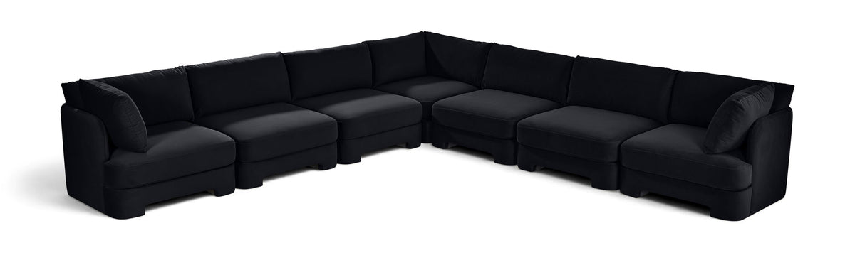 Black velvet corner sectional sofa with 7-piece modular arrangement