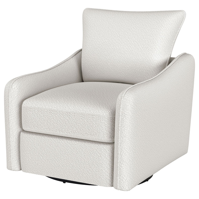 White upholstered swivel chair with thick seat cushion and tall backrest