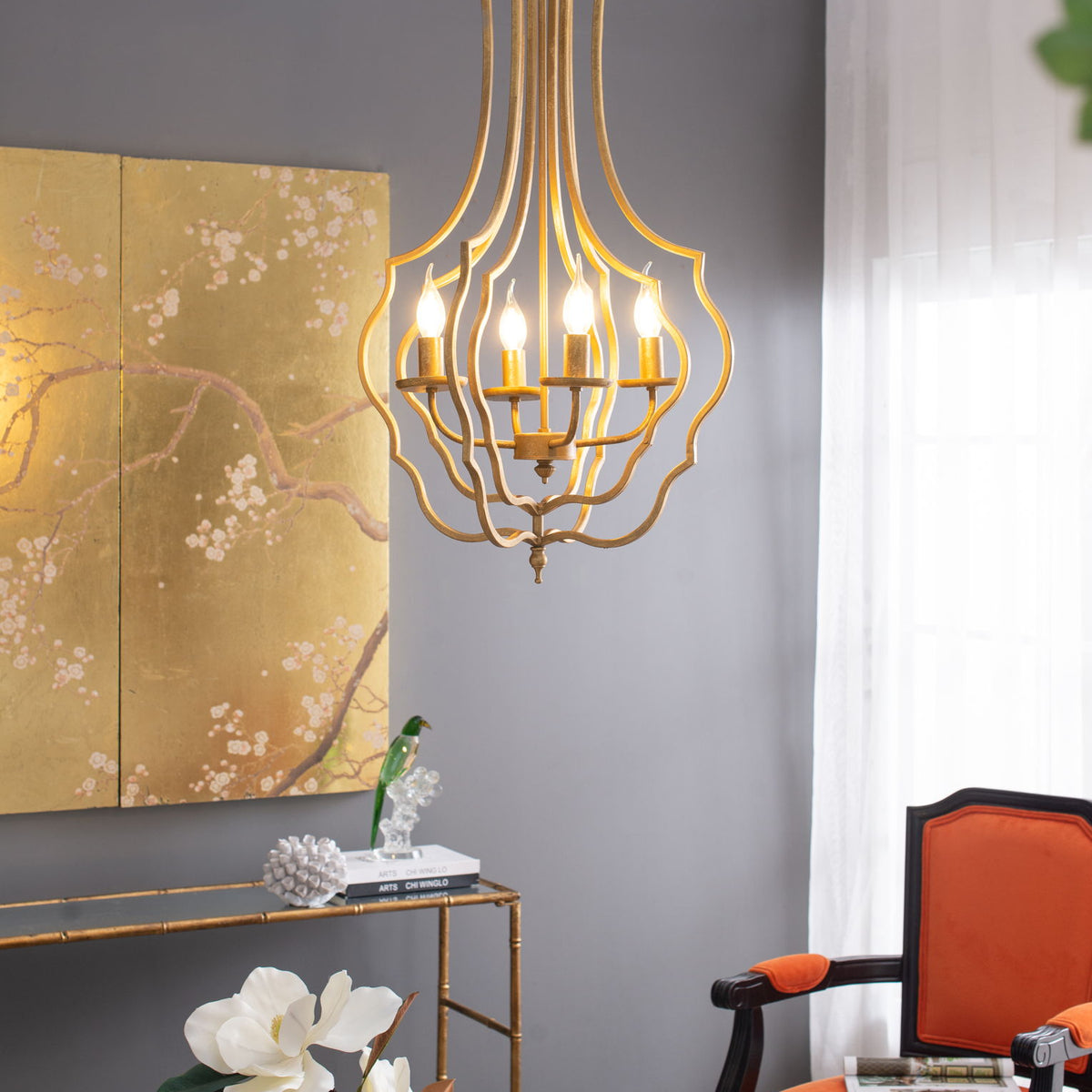 4 Light Chandelier, Hanging Light Fixture With Adjustable Chain For Kitchen, Bulb Not Included - Gold