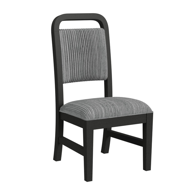 Single black dining chair with ribbed backrest and gray upholstered seat