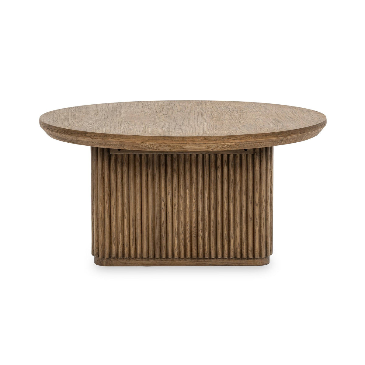 Tawny brown round solid wood coffee table with ribbed cylindrical base
