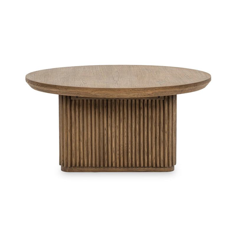 Tawny brown round solid wood coffee table with ribbed cylindrical base