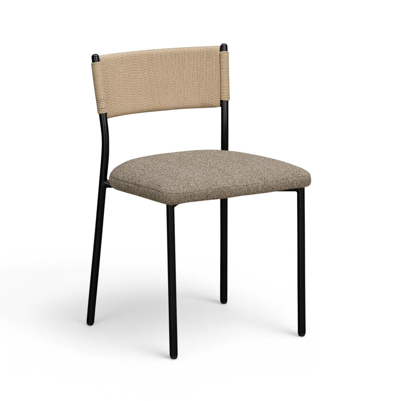Boucle dining chair with beige fabric back and light brown upholstered seat, black legs