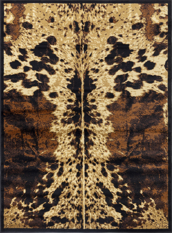 Southwest area rug with black border and leopard-style blotch pattern in tan and dark brown.