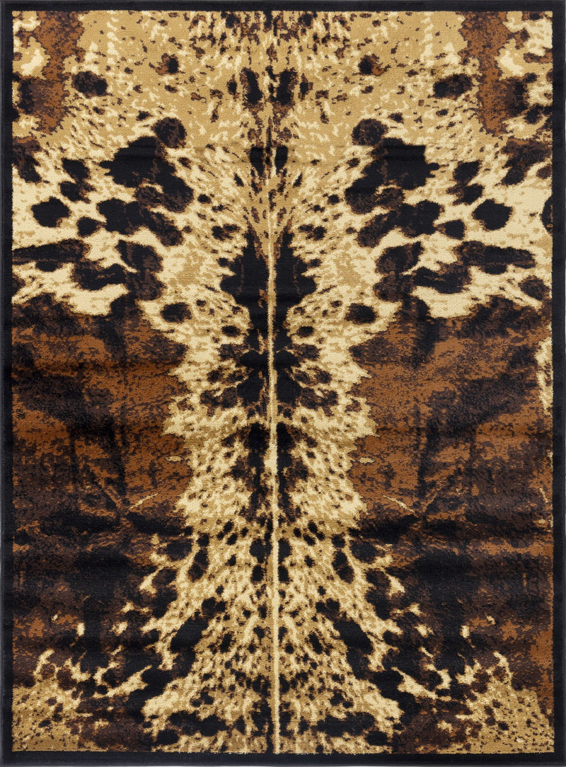Southwest area rug with black border and leopard-style blotch pattern in tan and dark brown.