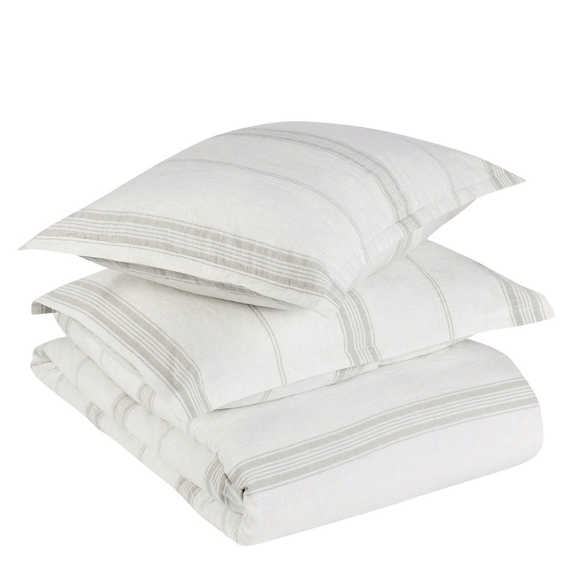 Jayson linen cashmere sham in white with gray stripe bands, folded square pillows