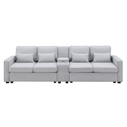 Upholstered Sofa With Console, 2 Cupholders And 2 USB Ports Wired Or Wirelessly Charged, Modern Linen Fabric Couches With 4 Pillows For Living Room, Apartment (4-Seat)