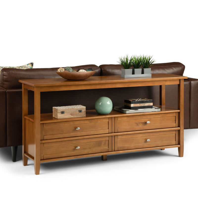 Light golden brown console sofa table with open shelves and four drawers