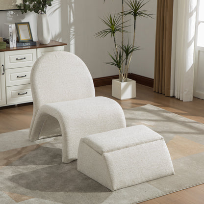 24.8 ' Wide Modern Upholstered Armless Chair with Storage Ottoman, Chenille Accent Chair for Living Room, Bedroom, Office and Reading Room, Beige