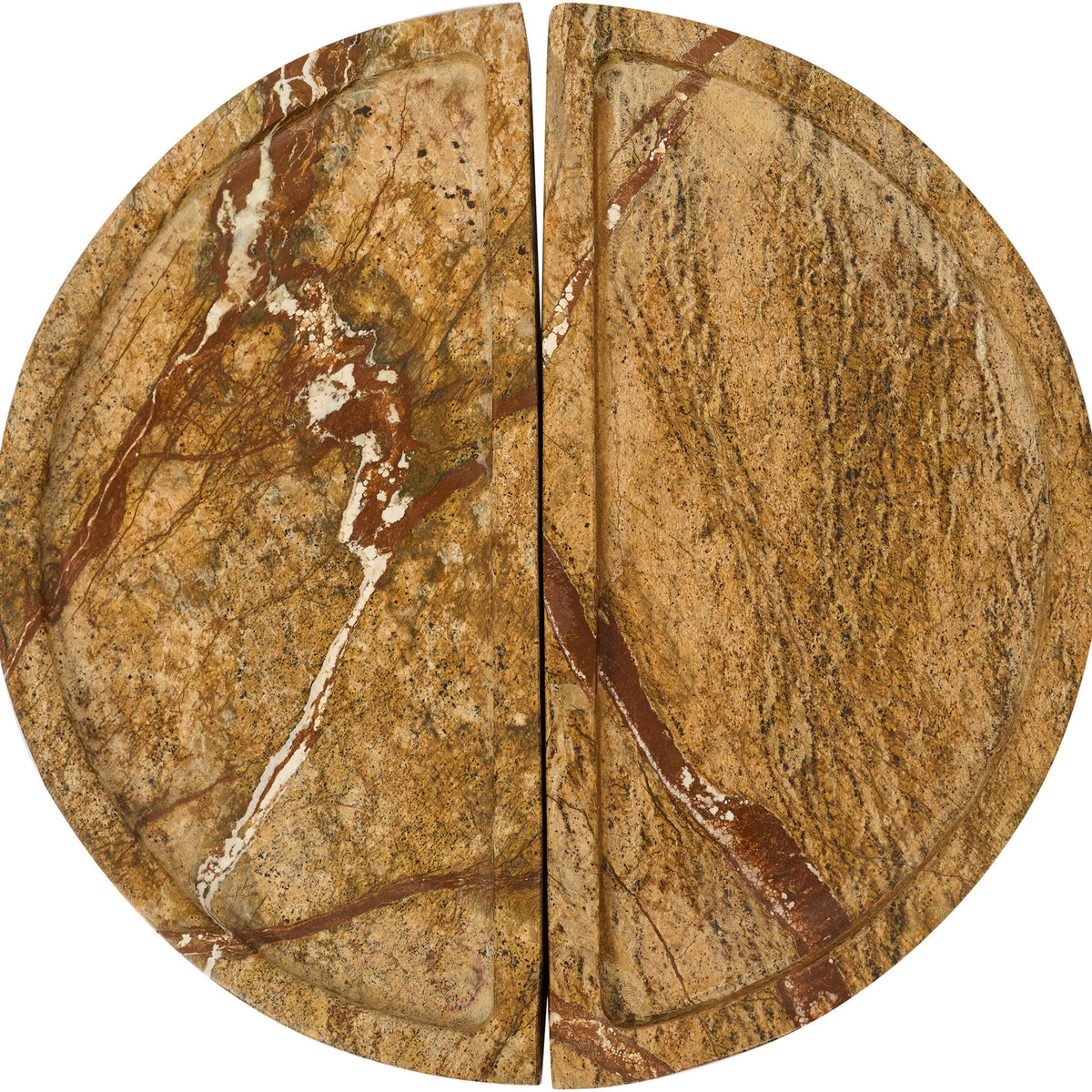 Gold and brown marble tray with white veining, two curved halves