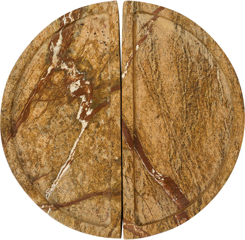 Gold and brown marble tray with white veining, two curved halves