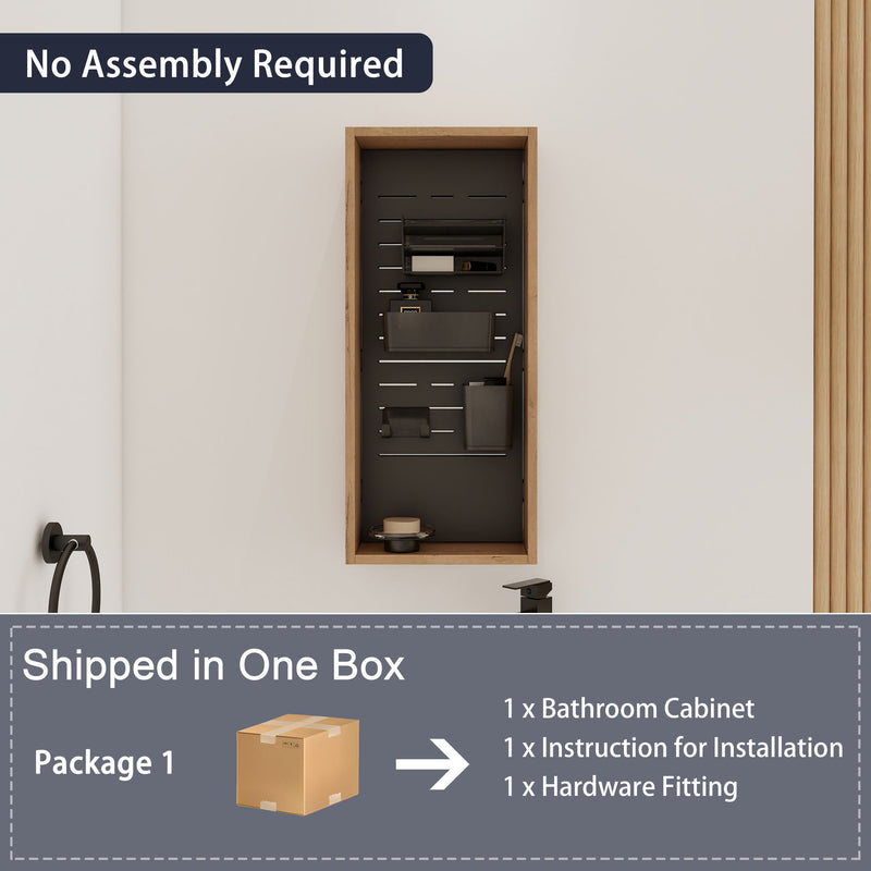 Imitation oak wall-mounted storage cabinet installed, with open compartments and metal bins