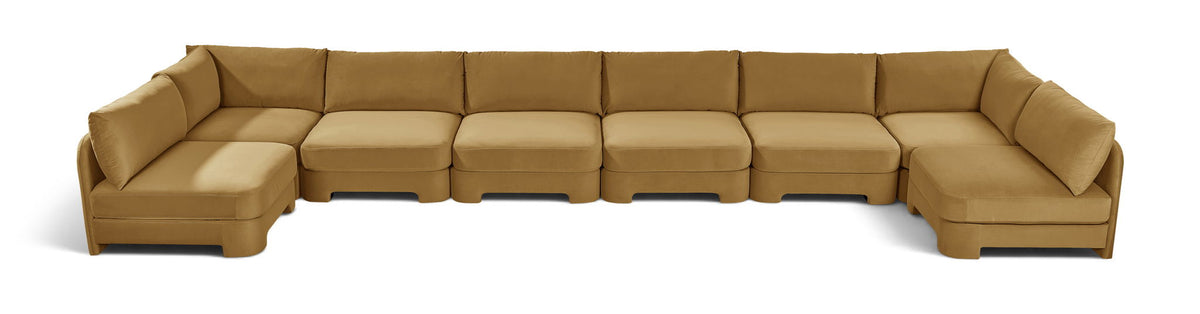 Tan armless U-shaped sectional sofa with chaise modules and box cushions