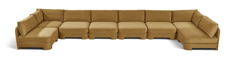 Tan armless U-shaped sectional sofa with chaise modules and box cushions
