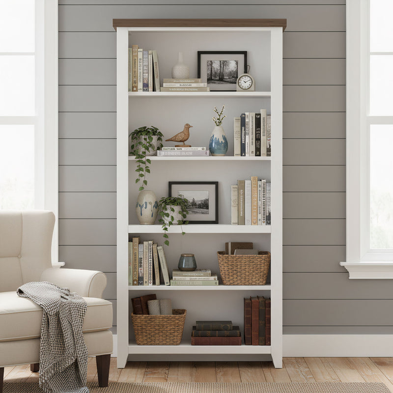 Whitewash shelf bookcase with open shelves and barnwood top
